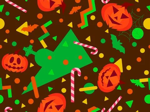 Halloween seamless pattern with geometric shapes in 80s memphis style. Hall.. Stock Illustration