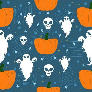 Halloween seamless pattern. Ghost and skull, pumpkin Stock Illustration