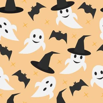Halloween, seamless pattern. Ghost and hat of witch and bat. Vector illustrat Illustrazione stock