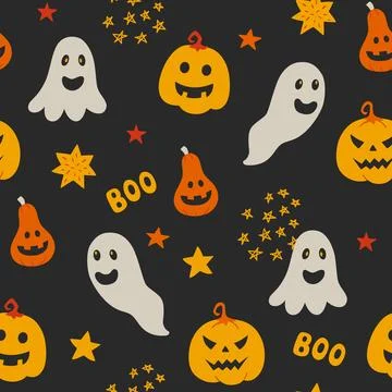 Halloween seamless pattern with ghost and pumpkins. Stock Illustration