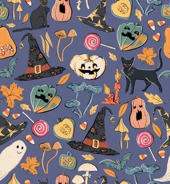 Halloween seamless pattern with ghost, mushroom, candle, candy, pumpkin Illustrazione stock