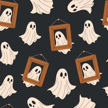 Halloween seamless pattern with ghosts and frames. Stock Illustration