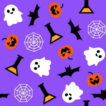 Halloween seamless pattern with ghosts bats pumpkins and cobwebs Stock Illustration