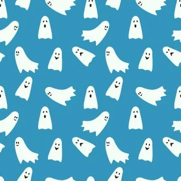 Halloween seamless pattern ghosts on a blue background. Stock Illustration