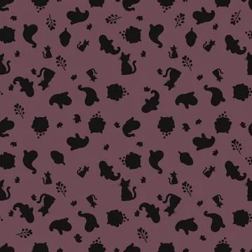 Halloween Seamless Pattern With Ghosts, Cats And Cauldrons On Dusty Plum Ba.. Stock Illustration