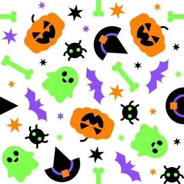 Halloween seamless pattern with ghosts spiders bats and pumpkins Stock Illustration