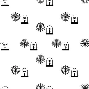Halloween seamless pattern with gravestones and spider webs. Stock Illustration