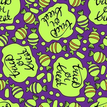 Halloween seamless pattern. Green sticker with trick or treat lettering, candy Illustrazione stock
