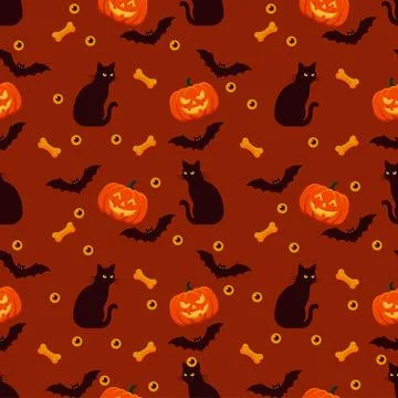 Halloween seamless pattern. Halloween background with pumpkin faces, cats, ba Stock Illustration