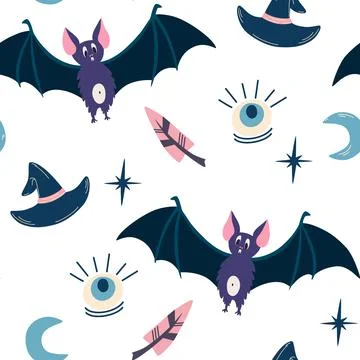 Halloween seamless pattern. Hand draw Bat, hat, moon and eye. Magic Elements. Stock Illustration