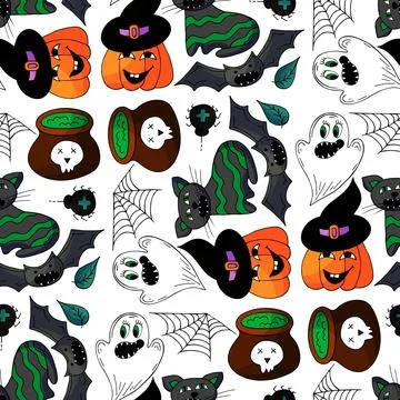 Halloween seamless pattern in hand draw style Stock Illustration