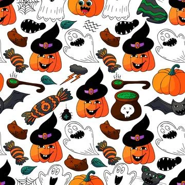 Halloween seamless pattern in hand draw style 스톡 일러스트