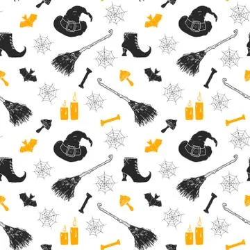 Halloween seamless pattern. Hand drawn sketched background, party invitation  Ilustración de archivo