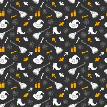 Halloween seamless pattern. Hand drawn sketched background, party invitation  Stock Illustration