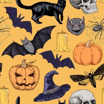 Halloween seamless pattern with hand drawn color elements i retro engraving 스톡 일러스트