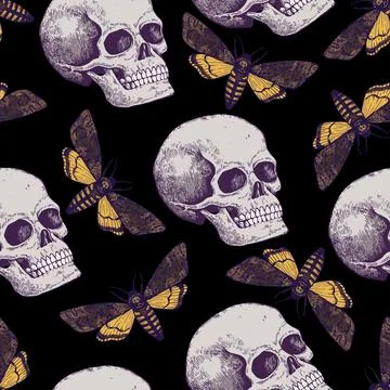 Halloween seamless pattern with hand drawn color elements i retro engraving Illustrazione stock