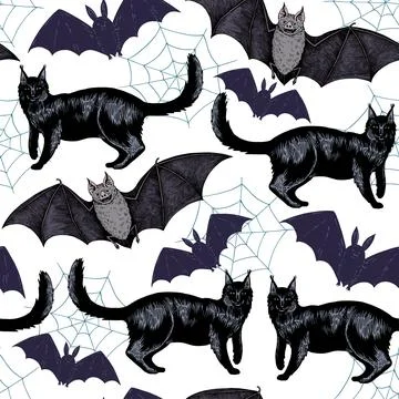 Halloween seamless pattern with hand drawn color elements i retro engraving Illustrazione stock