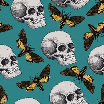 Halloween seamless pattern with hand drawn color elements i retro engraving Stock Illustration