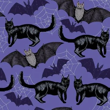 Halloween seamless pattern with hand drawn color elements i retro engraving Stock Illustration