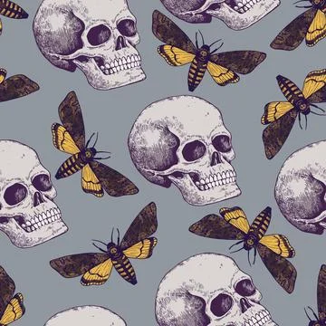 Halloween seamless pattern with hand drawn color elements i retro engraving Stock Illustration
