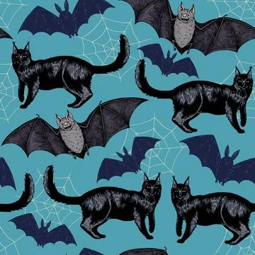Halloween seamless pattern with hand drawn color elements i retro engraving Stock Illustration