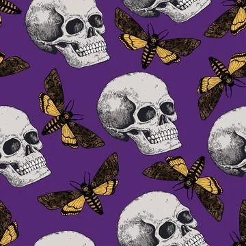Halloween seamless pattern with hand drawn color elements i retro engraving Stock Illustration