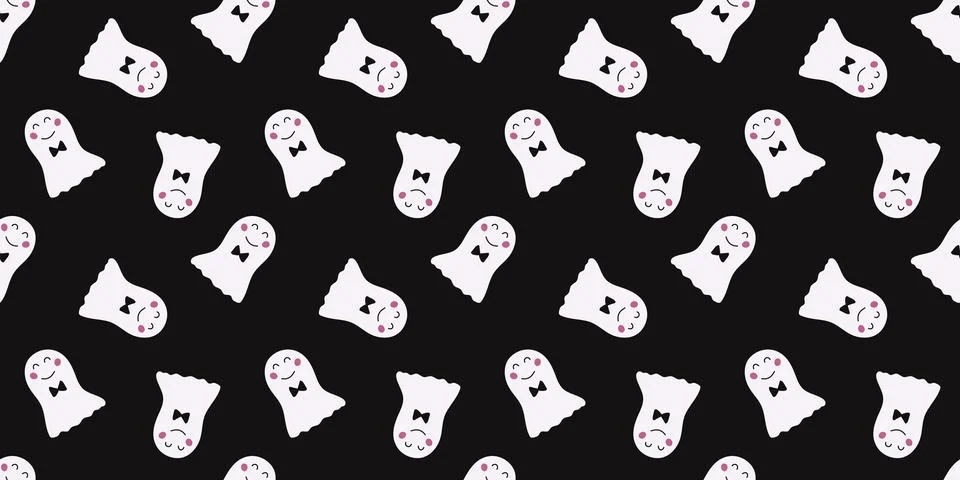 Halloween Seamless pattern with hand drawn cute Ghost on dark background. H.. Stock Illustration