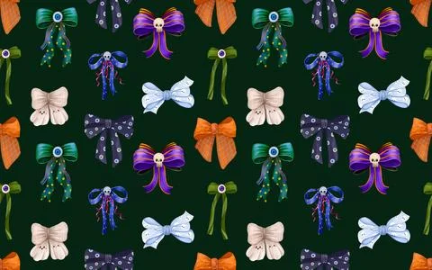 Halloween Seamless Pattern Hand Drawn Illustration. Spooky Bows with Eyebal.. Stock Illustration