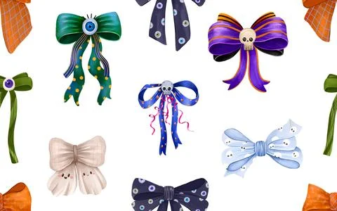 Halloween Seamless Pattern Hand Drawn Illustration. Spooky Bows with Eyebal.. Stock Illustration