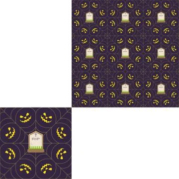 Halloween seamless pattern with headstone in center, yellow smiles arranged i Stock Illustration