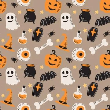 Halloween seamless pattern, illustration with pumpkins, eyes, ghost, bones, bats Иллюстрация