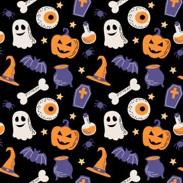Halloween seamless pattern, illustration with pumpkins, eyes, ghost, bones, bats Stock Illustration