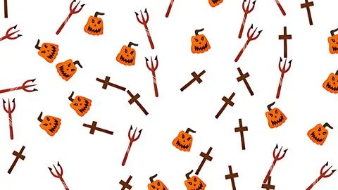 Halloween seamless pattern with jack-o-lantern pumpkins, pitchforks and cro.. Stock Illustration