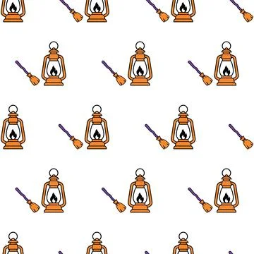 Halloween seamless pattern with lanterns and brooms. Stock Illustration