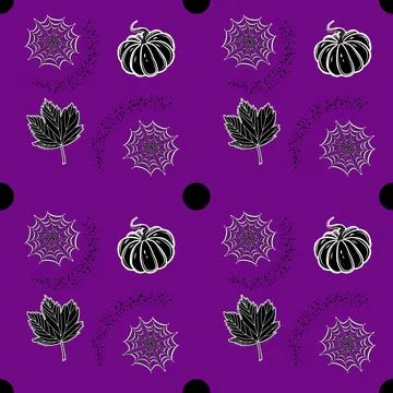 Halloween seamless pattern with leaves, pumpkins, black points and cobweb Stock Illustration