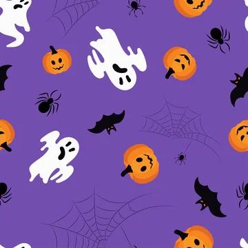 Halloween seamless pattern on lilac pumpkin, ghosts, bat Stock Illustration