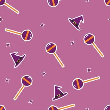 Halloween seamless pattern with lollipop candy and witch hat purple backgro.. 스톡 일러스트