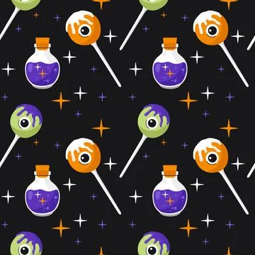 Halloween seamless pattern with magic potion bottles and eyes lollipops on da Stock Illustration