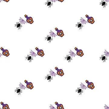 Halloween seamless pattern with magic potion bottles spiders and webs on wh.. Stock-Illustration