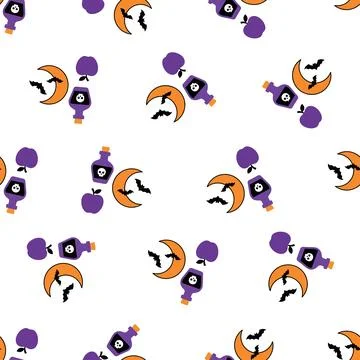 Halloween seamless pattern with magic potions and bats. Stock Illustration