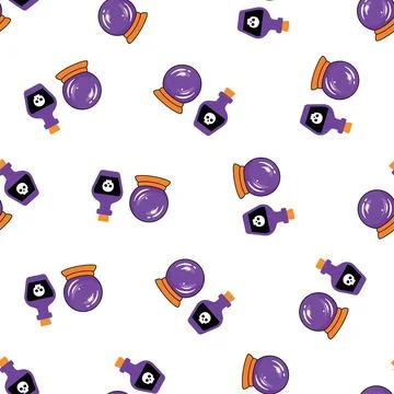 Halloween Seamless Pattern with Magic Potions and Crystal Balls. Stockillustratie