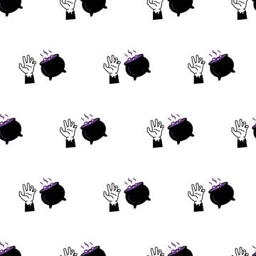 Halloween seamless pattern with magical cauldrons and witch hands. 库存插图