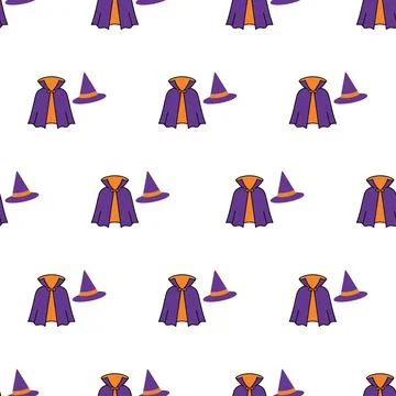 Halloween seamless pattern with magical purple cloaks and witch hats on whi.. Stock Illustration