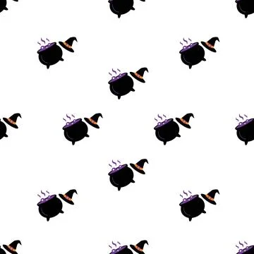 Halloween seamless pattern with magical witch cauldron and hat. イラスト素材