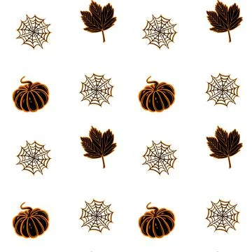 Halloween seamless  pattern with maple leaves, pumpkins and cobwebs.  Stock Illustration