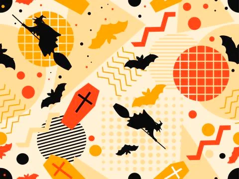 Halloween seamless pattern in memphis style. Witches on a broomstick with bat Illustrazione stock