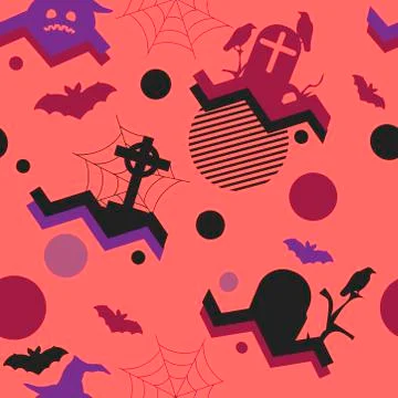 Halloween seamless pattern in memphis style, geometric shapes. Scary pumpkins Stock Illustration
