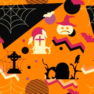 Halloween seamless pattern in memphis style, geometric shapes. Scary pumpkins Stock Illustration