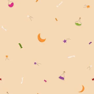 Halloween seamless pattern. Moon, poison, stars, candies and bones. Trick o.. Stock Illustration