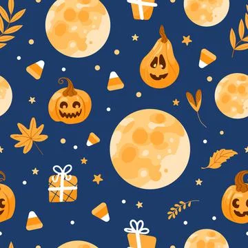 Halloween seamless pattern moon, witch hat, jack lantern, candy, autumn leave Stock Illustration